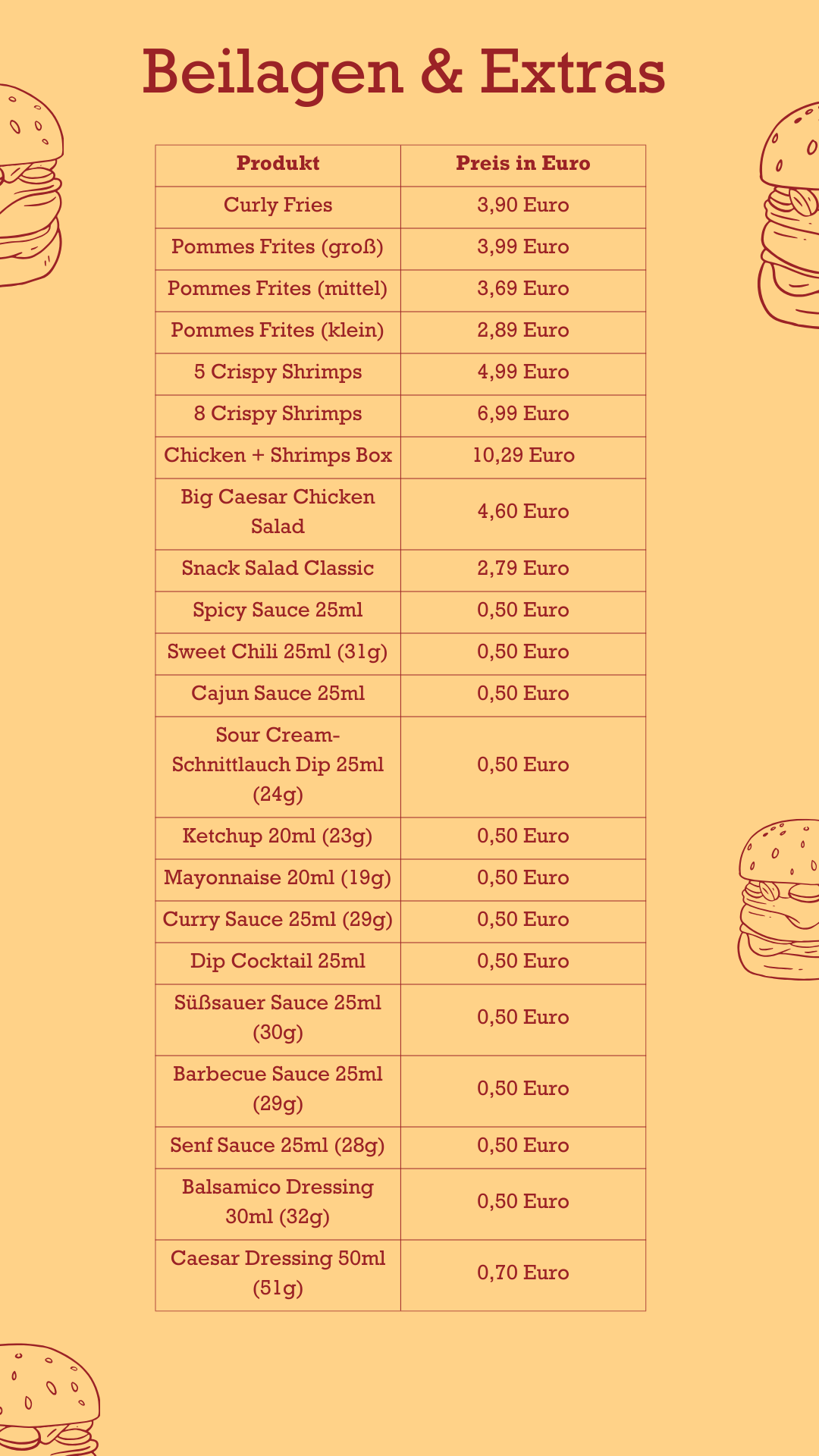 Beilagen & Extras Menü McDonalds Preise